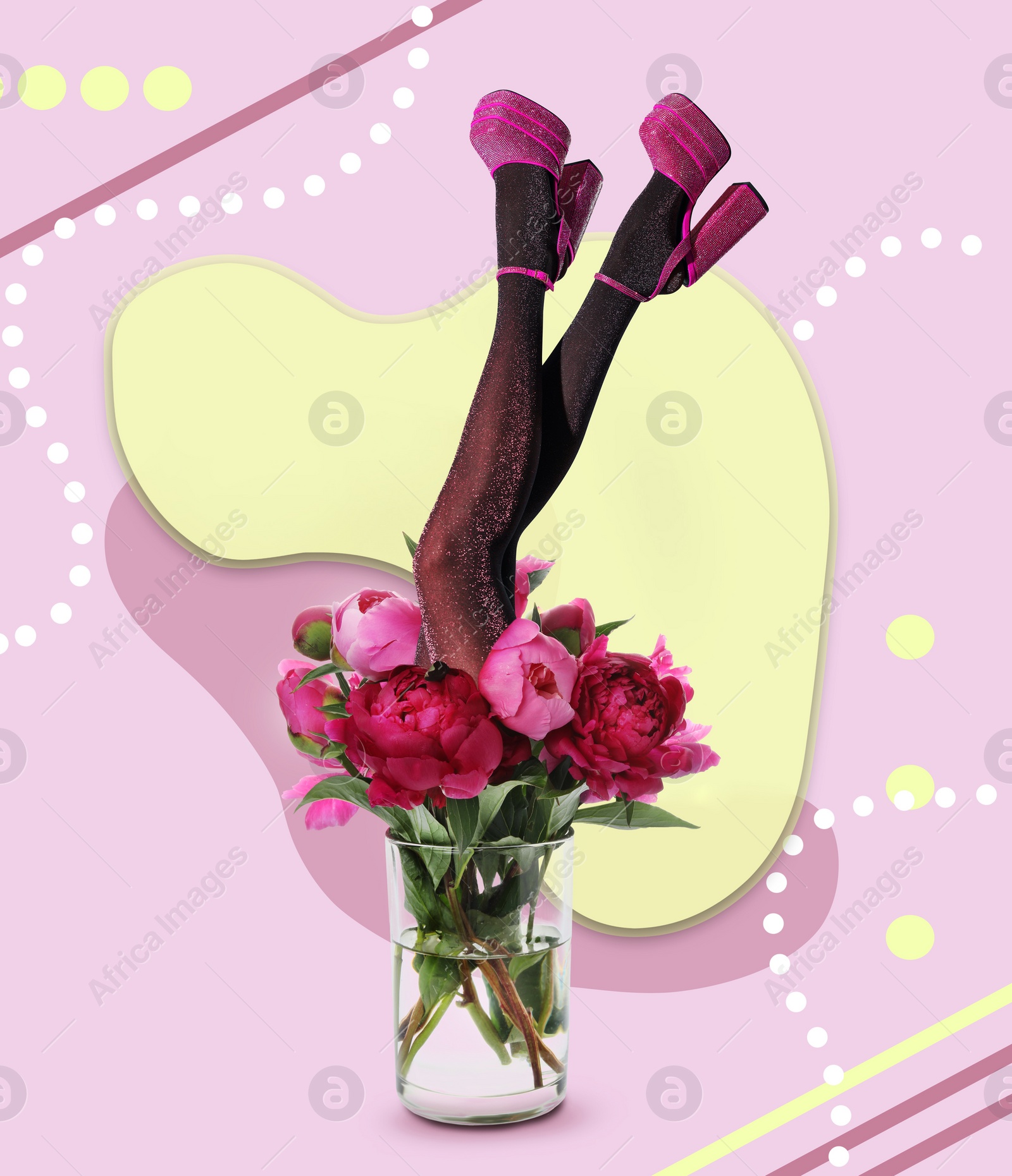 Creative art collage about femininity, style and fashion. Woman sticking out of vase with beautiful pink peonies on bright background Image of Creative art collage about femininity, style and fashion. Woman sticking out of vase with beautiful pink peonies on bright background