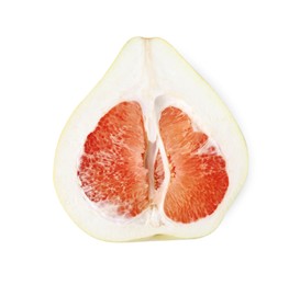 Photo of Half of tasty pomelo fruit isolated on white, top view