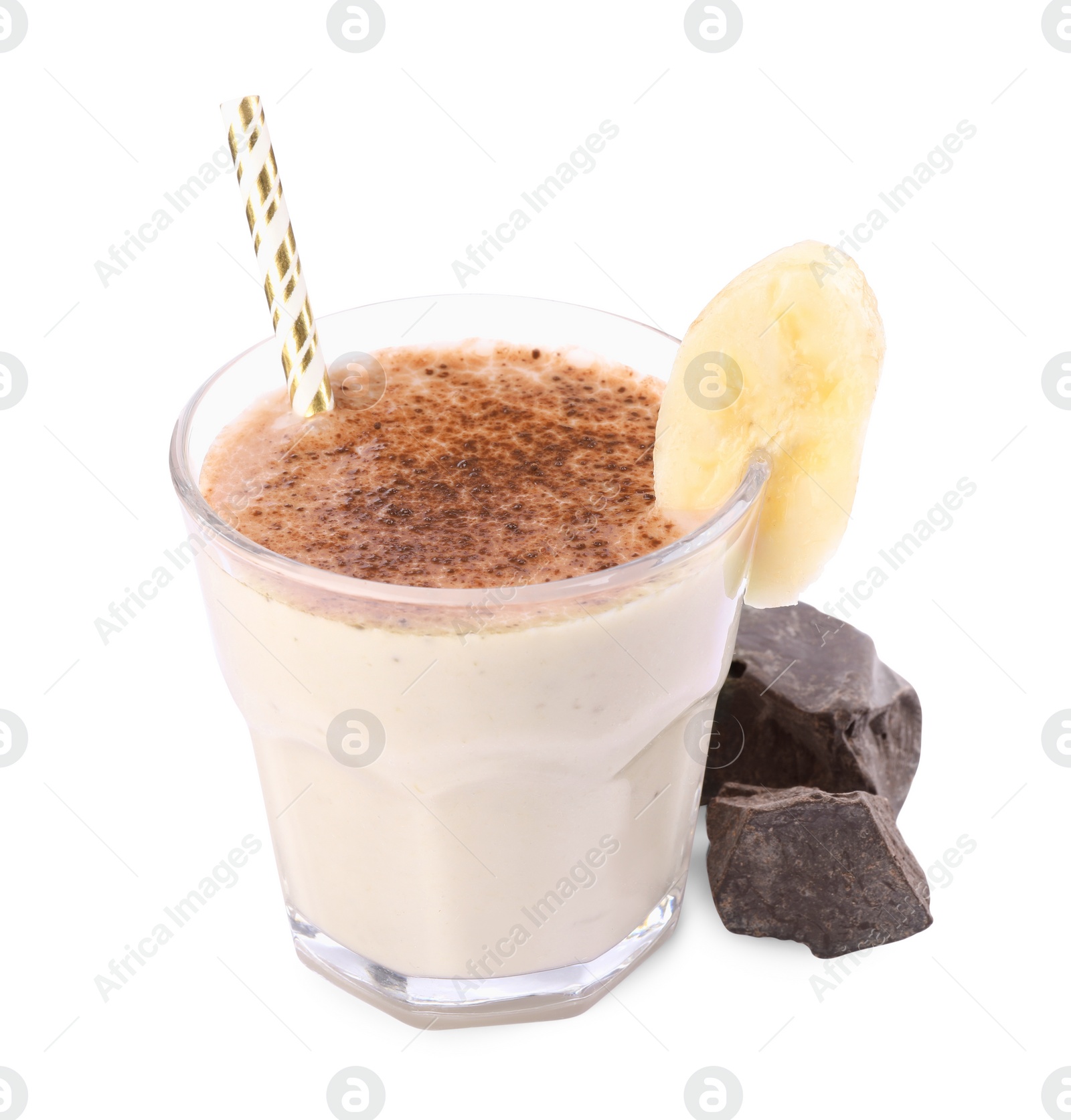 Photo of Glass of tasty banana smoothie with chocolate on white background