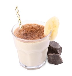 Photo of Glass of tasty banana smoothie with chocolate on white background