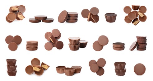 Image of Set with delicious peanut butter cups on white background