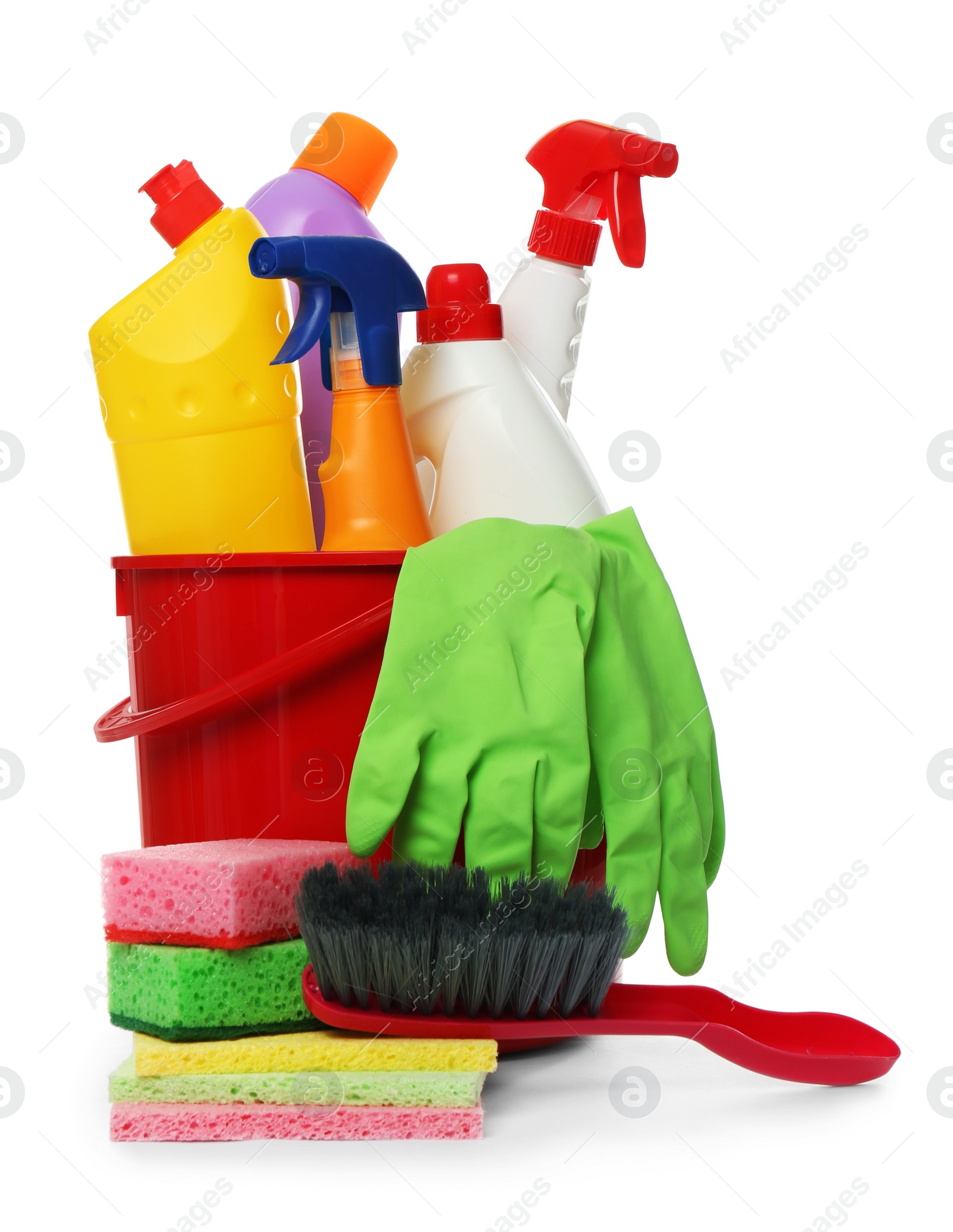 Photo of Bucket with different cleaning products and tools on white background