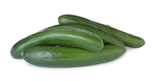 Photo of Whole fresh green cucumbers isolated on white