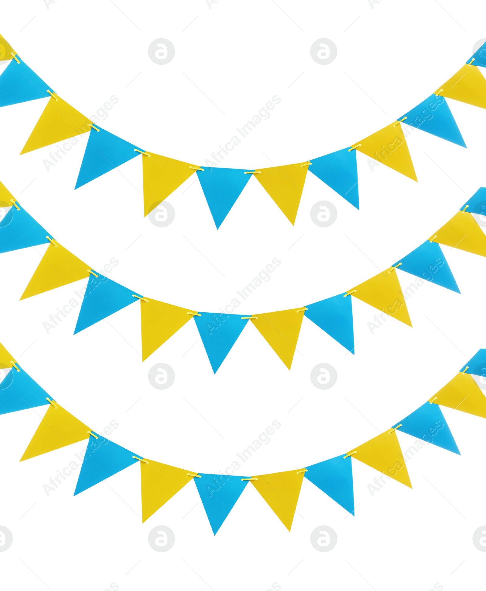 Image of Yellow and blue triangular bunting flags on white background. Festive decor