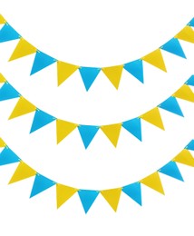 Yellow and blue triangular bunting flags on white background. Festive decor