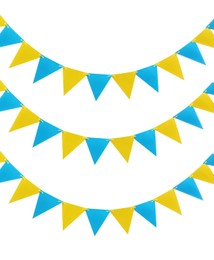 Image of Yellow and blue triangular bunting flags on white background. Festive decor