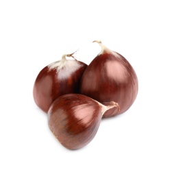 Photo of Fresh sweet edible chestnuts on white background