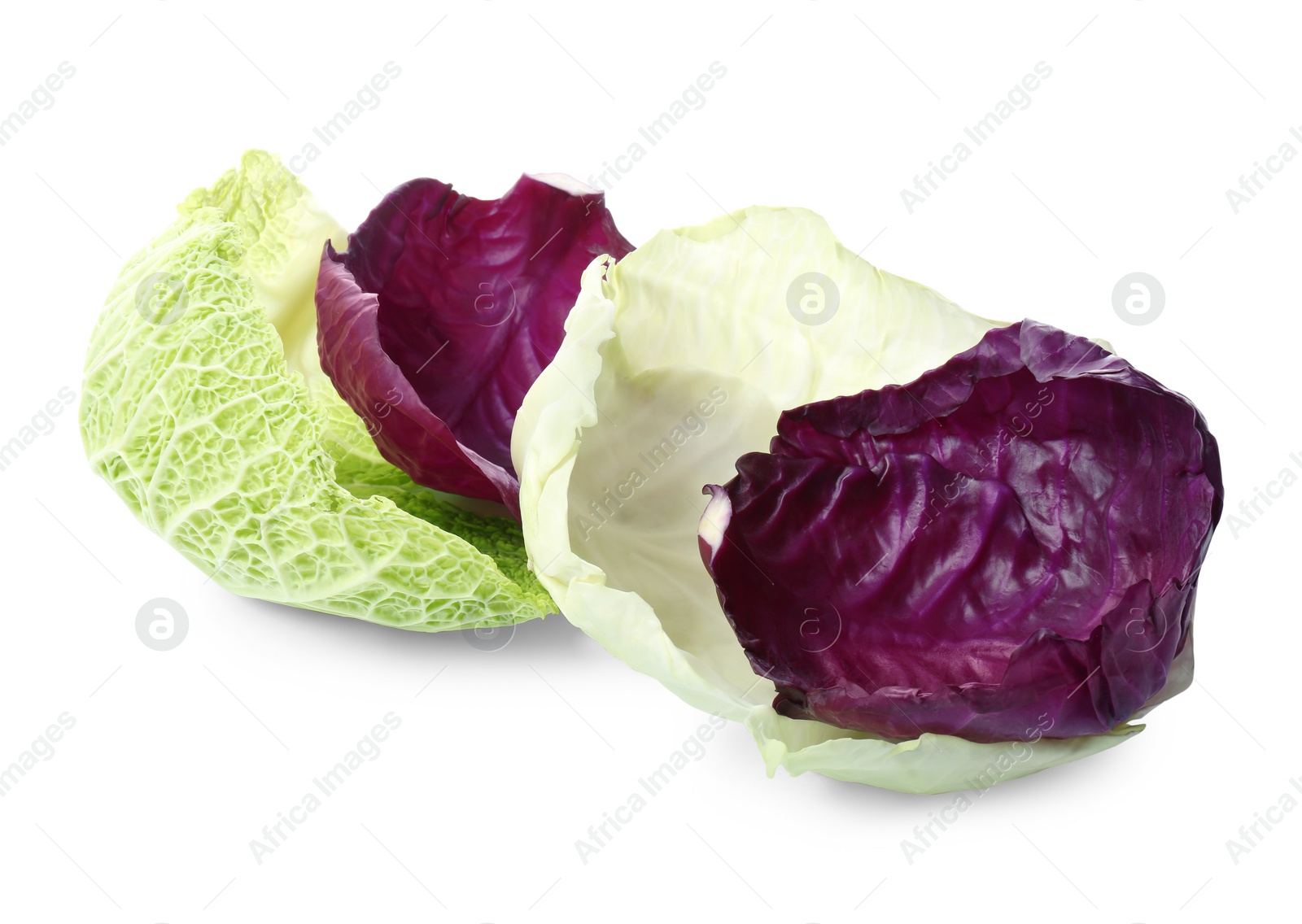 Photo of Different fresh cabbage leaves on white background