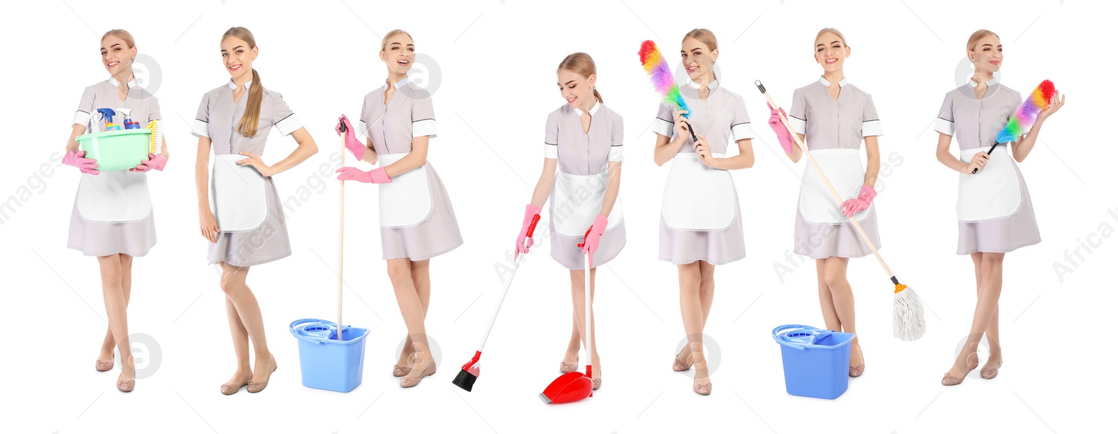 Image of Collage with photos of chambermaid in uniform on white background. Banner design
