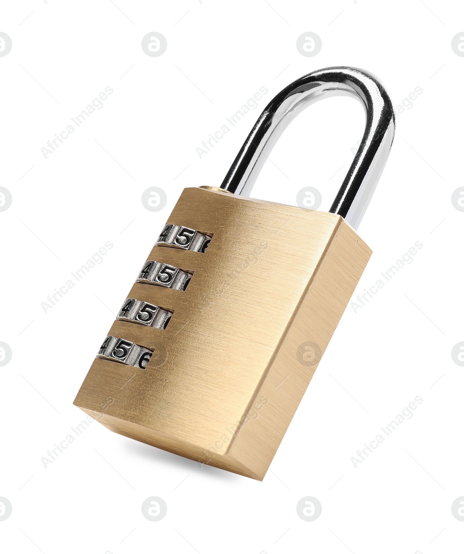 Photo of Locked steel combination padlock isolated on white