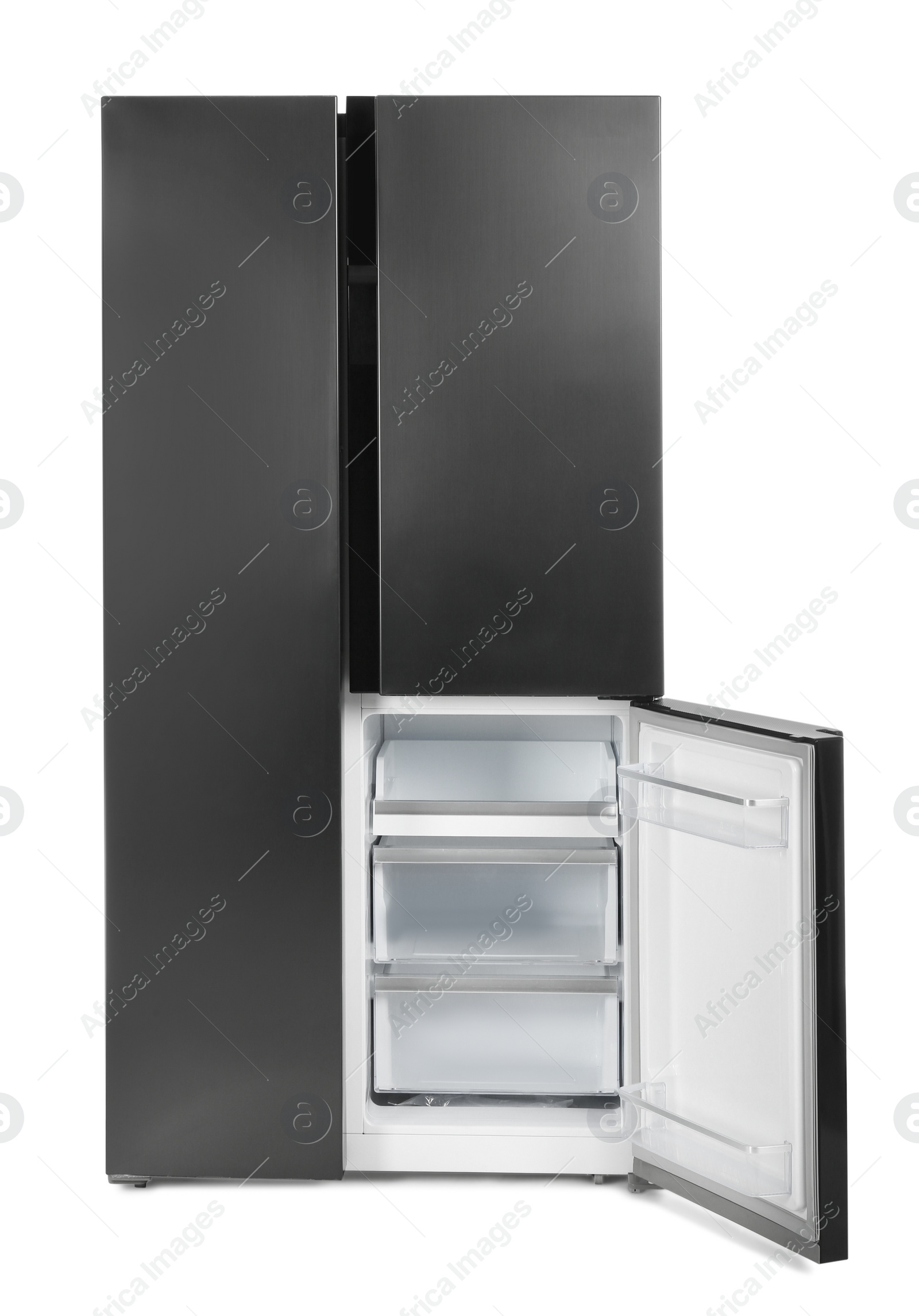 Photo of Modern stainless steel refrigerator isolated on white