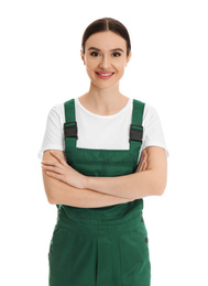 Photo of Portrait of professional auto mechanic on white background