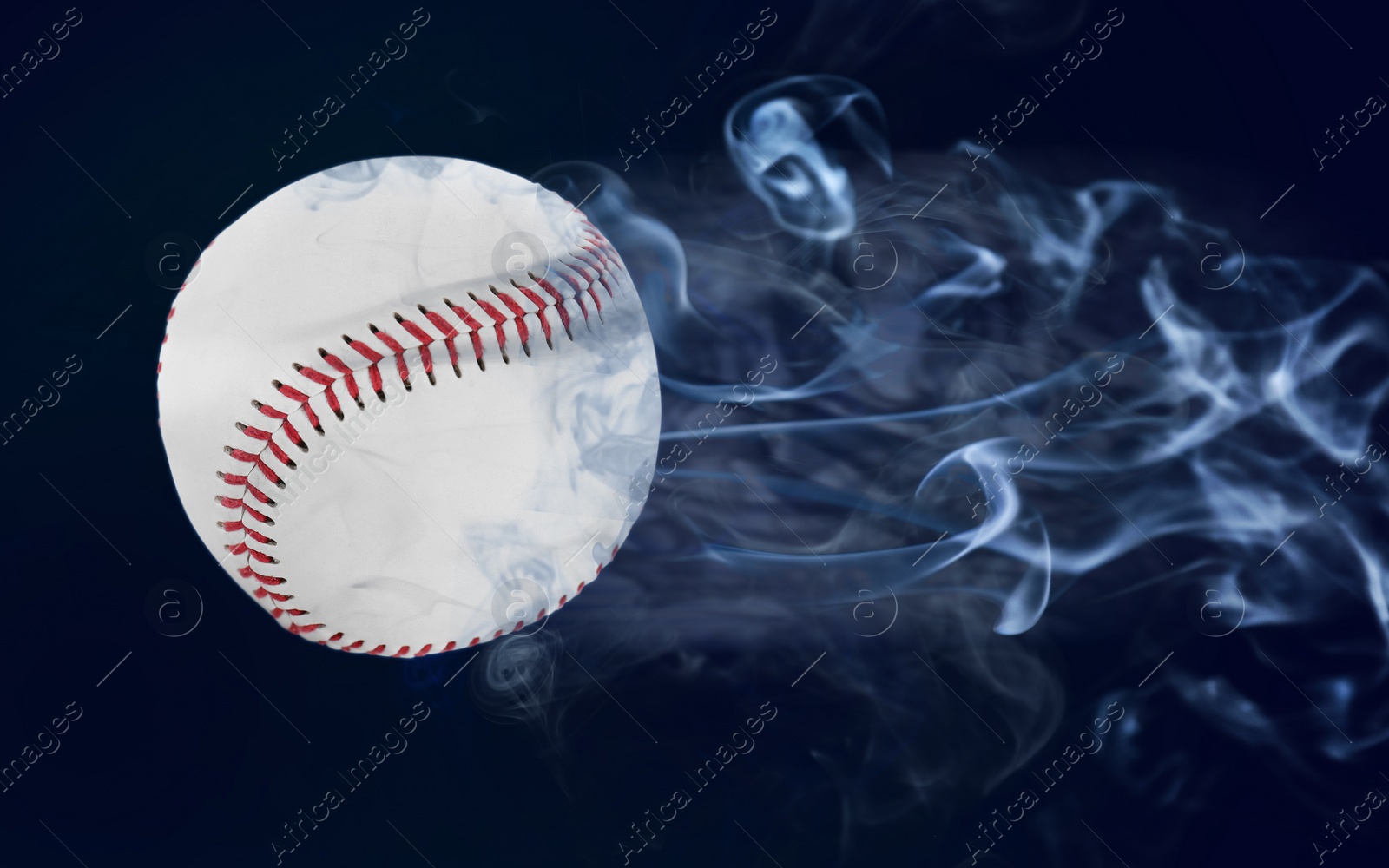 Image of Baseball ball flying leaving smoke after on black background