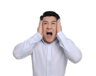 Photo of Shocked businessman in formal clothes screaming on white background