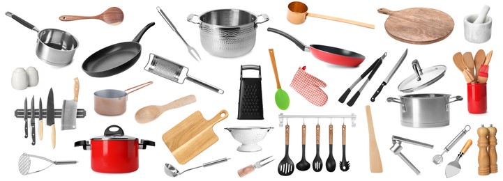 Image of Set of different kitchenware on white background