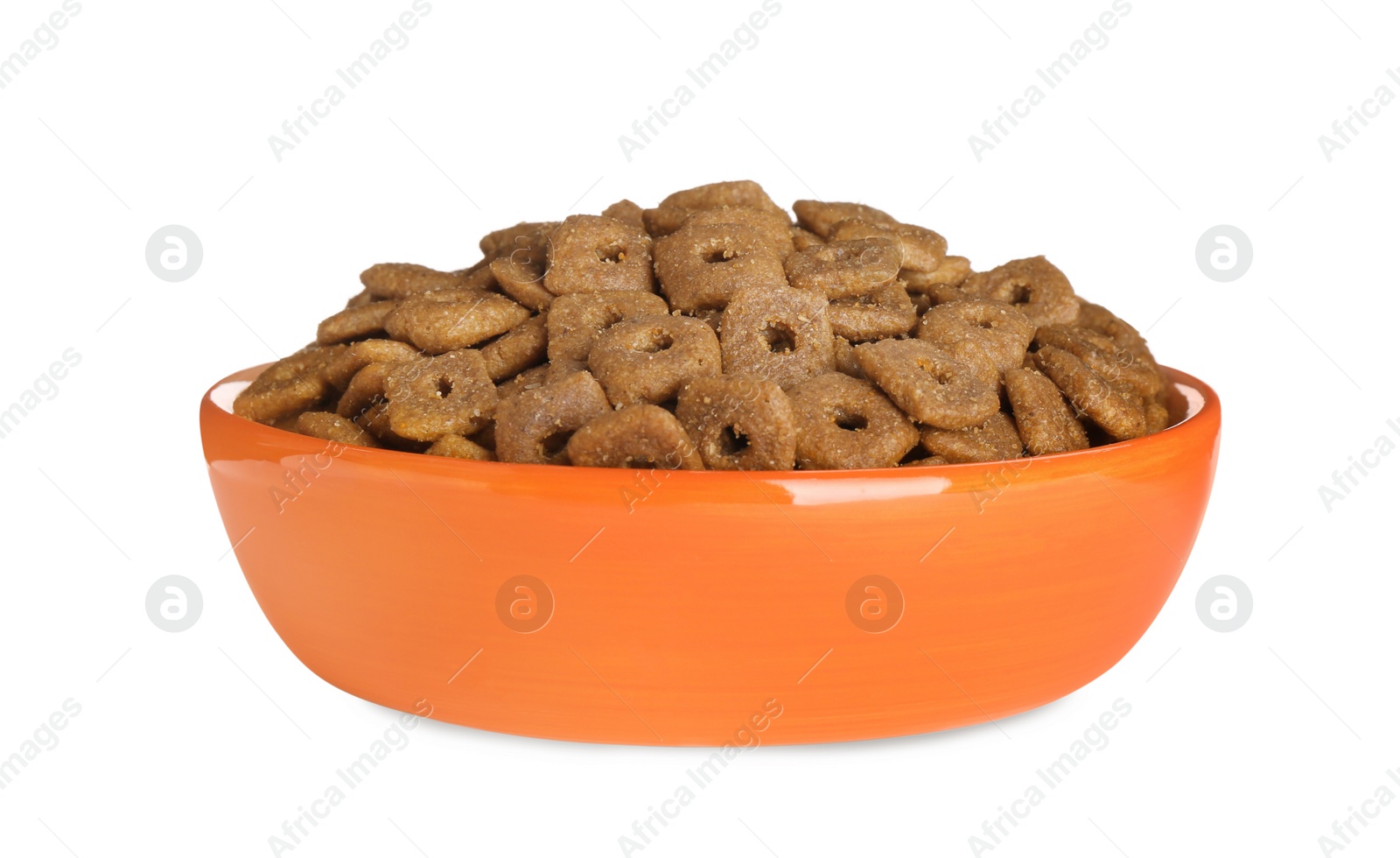 Photo of Dry food in orange pet bowl isolated on white