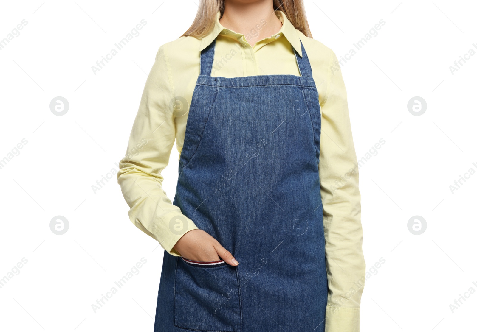 Photo of Woman in denim apron on white background, closeup