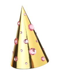 One shiny golden party hat with rhinestones isolated on white