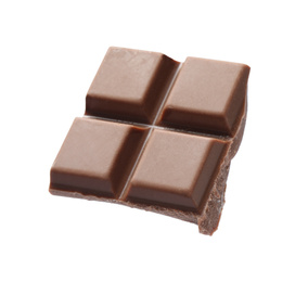 Photo of Piece of delicious milk chocolate isolated on white