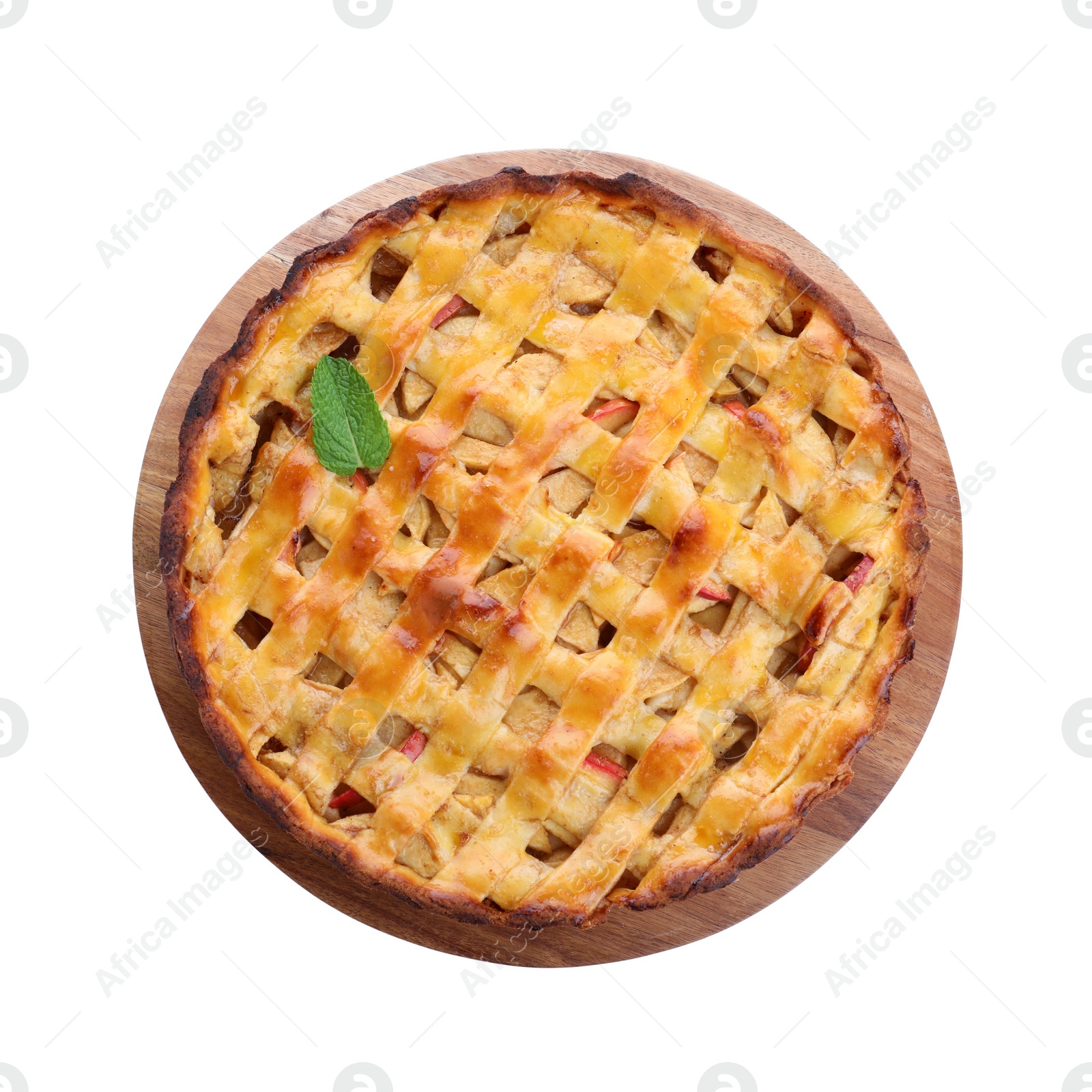 Photo of Delicious traditional apple pie with mint isolated on white, top view