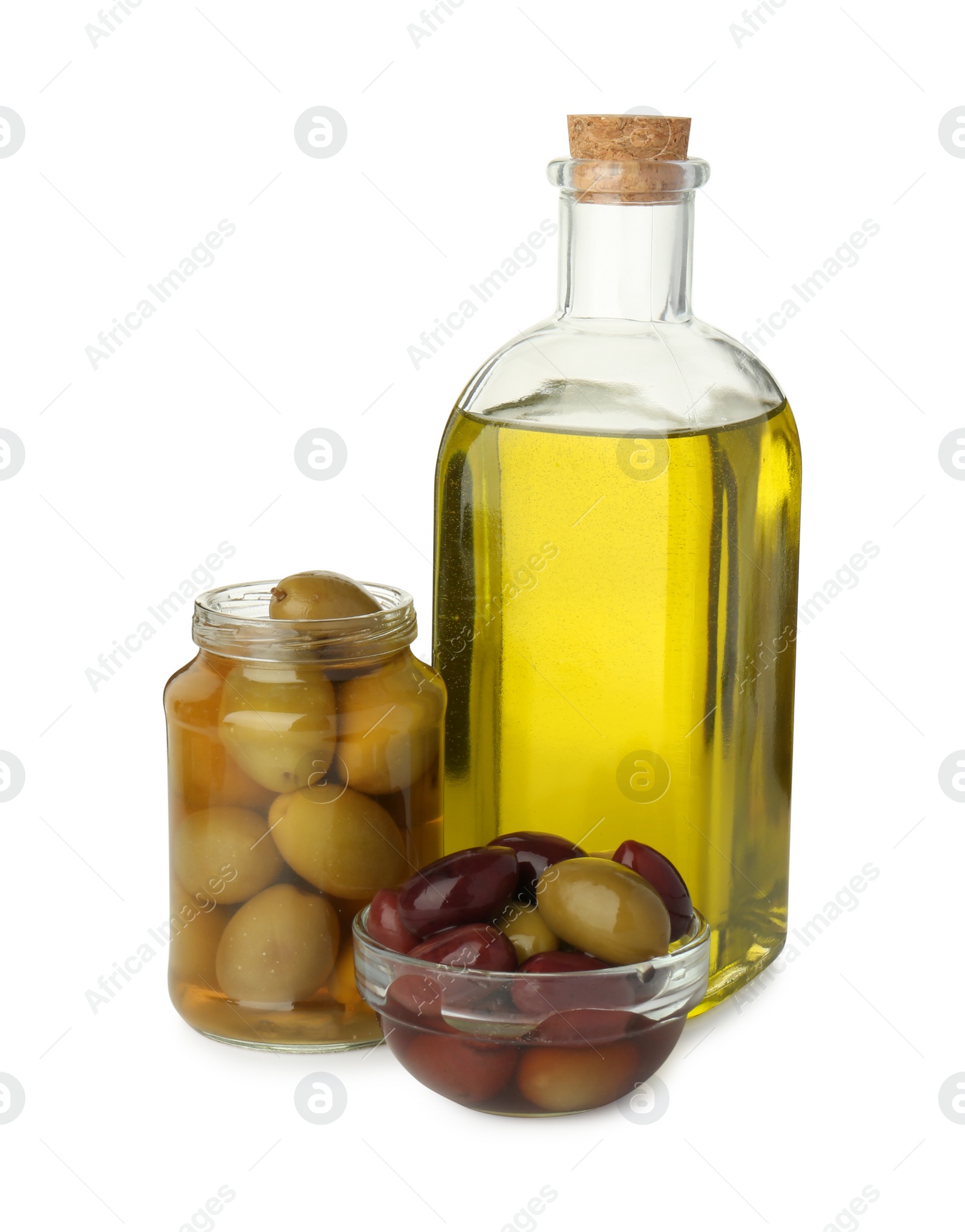 Photo of Vegetable fats. Bottle of cooking oil and olives isolated on white