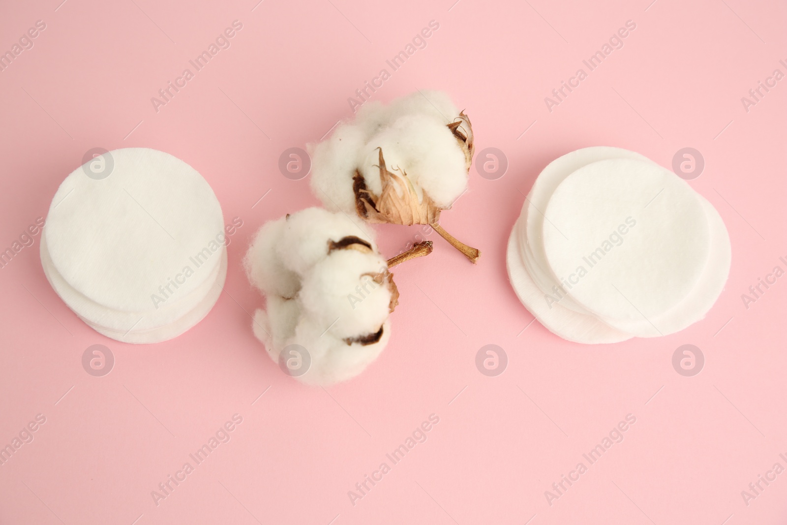 Photo of Cotton pads and flowers on pink background, above view