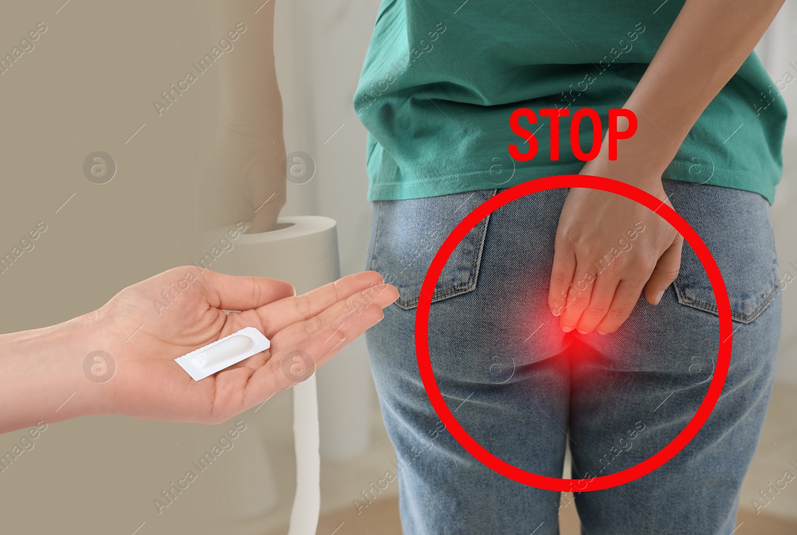 Image of Doctor holding suppository for hemorrhoid treatment and woman suffering from pain in rest room, closeup