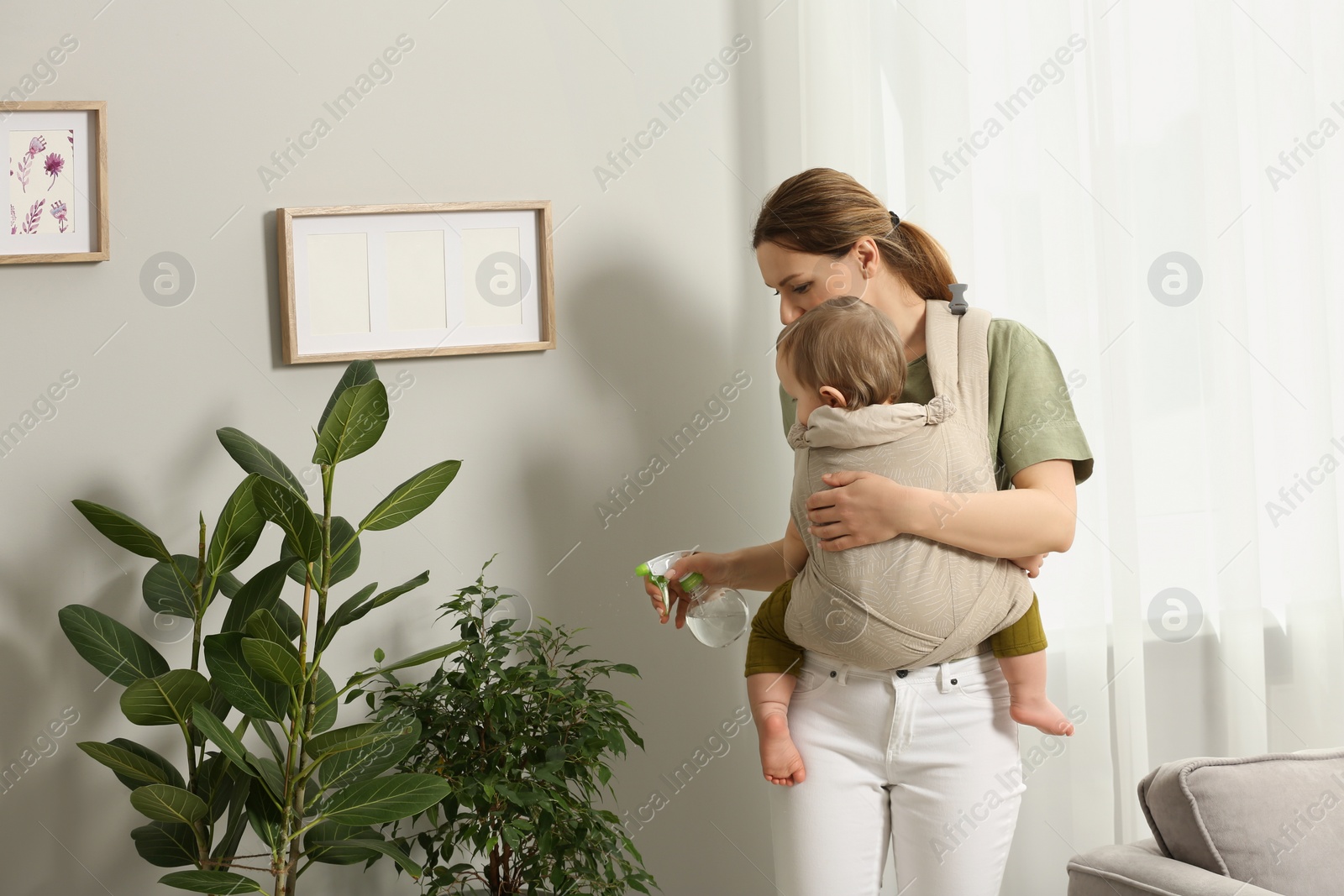 Photo of Mother spraying houseplants with water while holding her child in sling (baby carrier) wrap at home