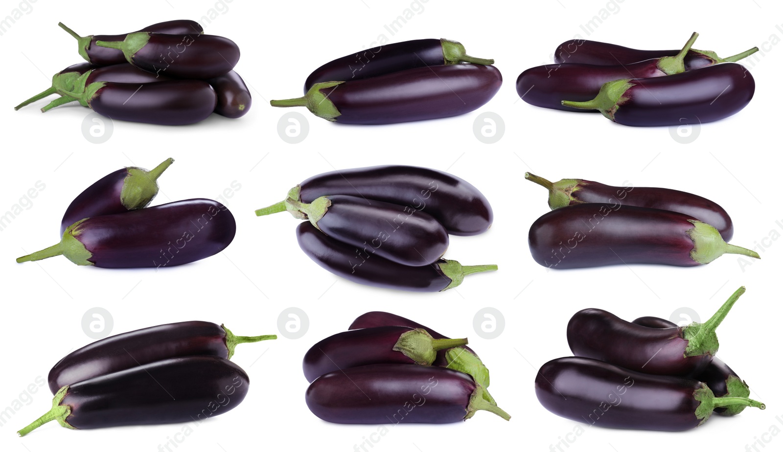 Image of Set of fresh eggplants on white background