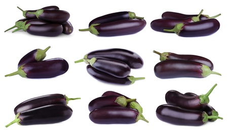 Image of Set of fresh eggplants on white background