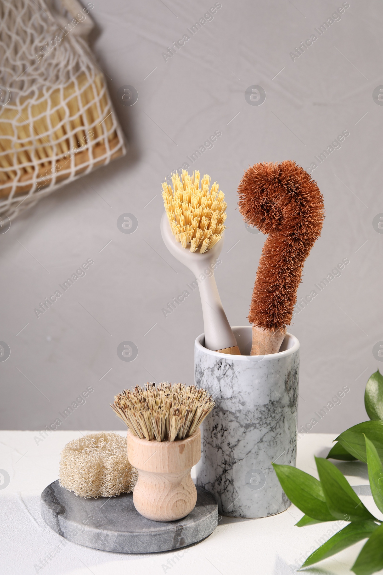 Photo of Set of cleaning brushes on white table