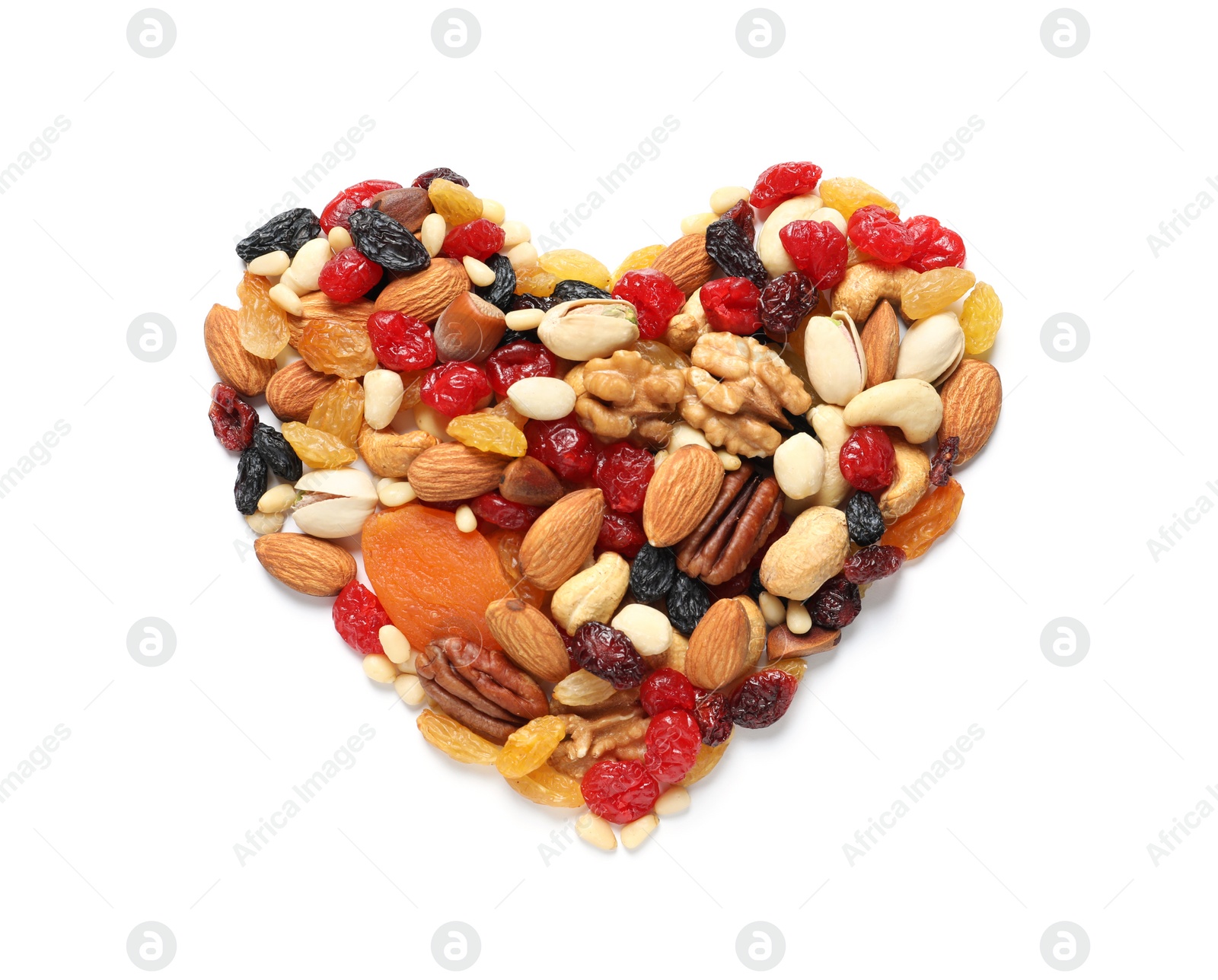 Photo of Heart made of dried fruits and nuts on white background, top view