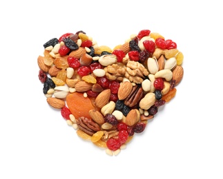 Heart made of dried fruits and nuts on white background, top view