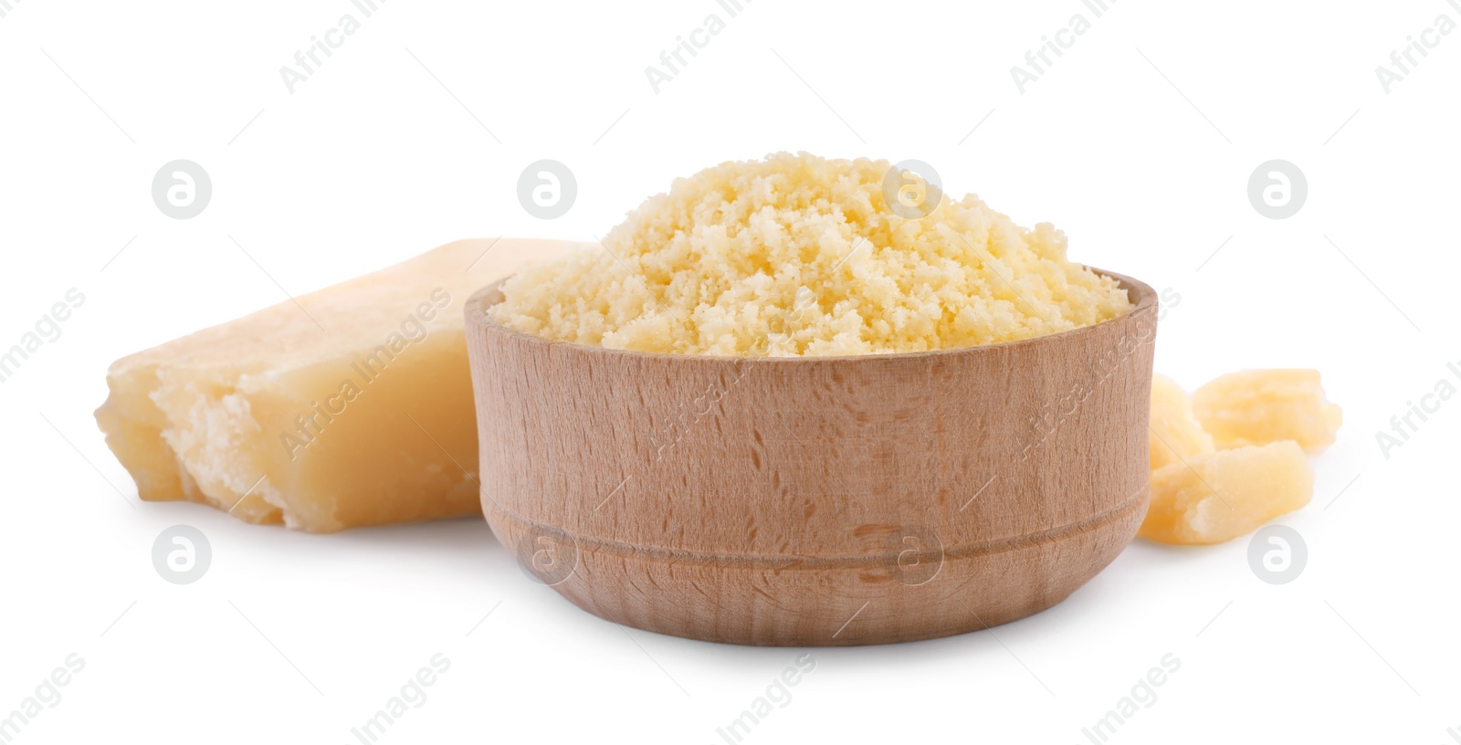 Photo of Delicious grated parmesan cheese on white background