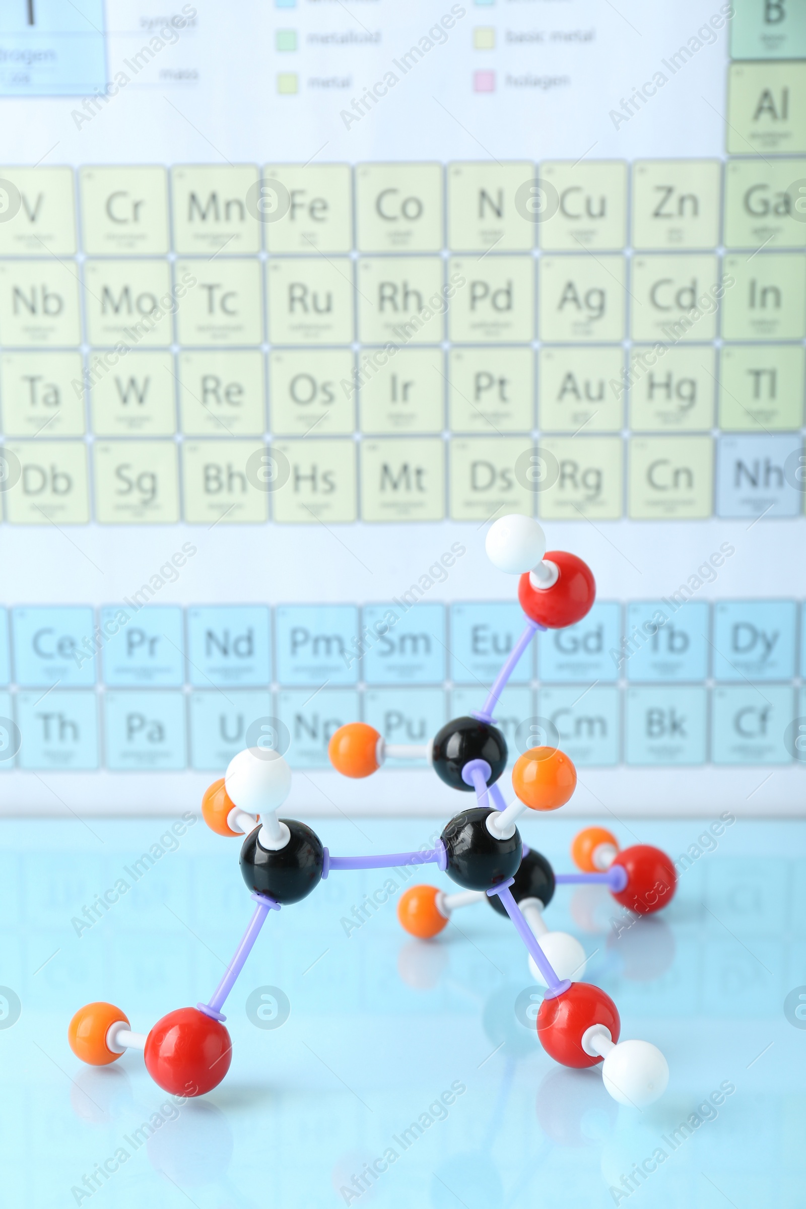Photo of Molecular model on light surface against periodic table