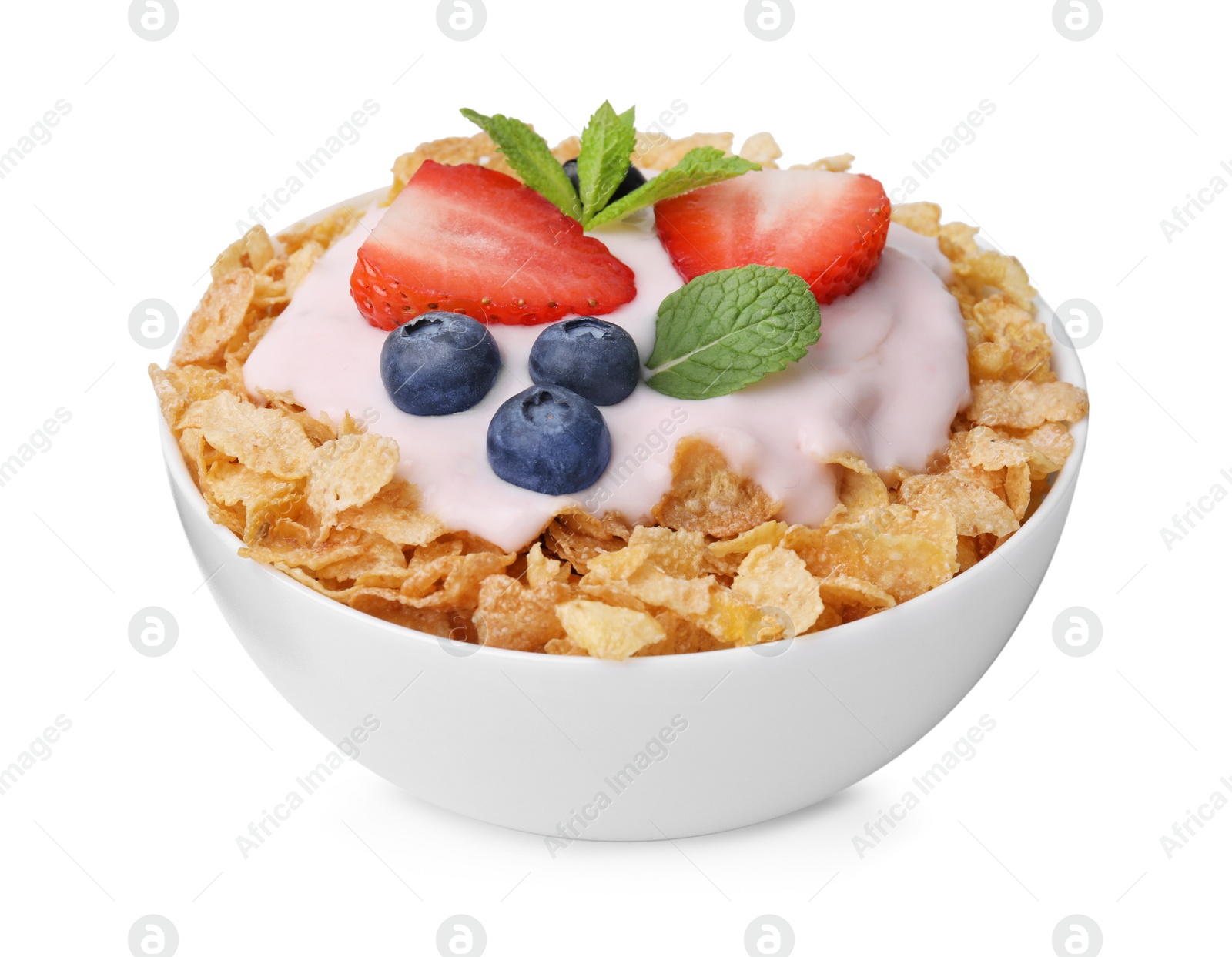 Photo of Delicious crispy cornflakes, yogurt and fresh berries in bowl isolated on white. Healthy breakfast