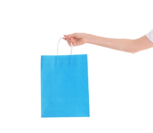 Woman holding shopping bag on white background, closeup.  Mock-up for design