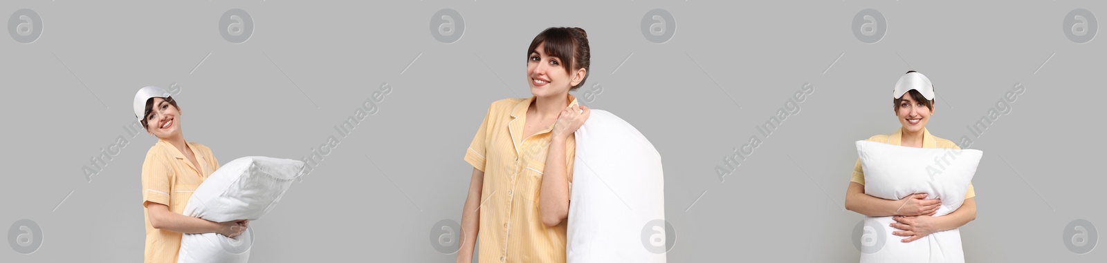 Image of Woman in pajamas with pillow on light grey background, collage of photos