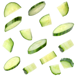 Image of Set of fresh cucumber slices on white background