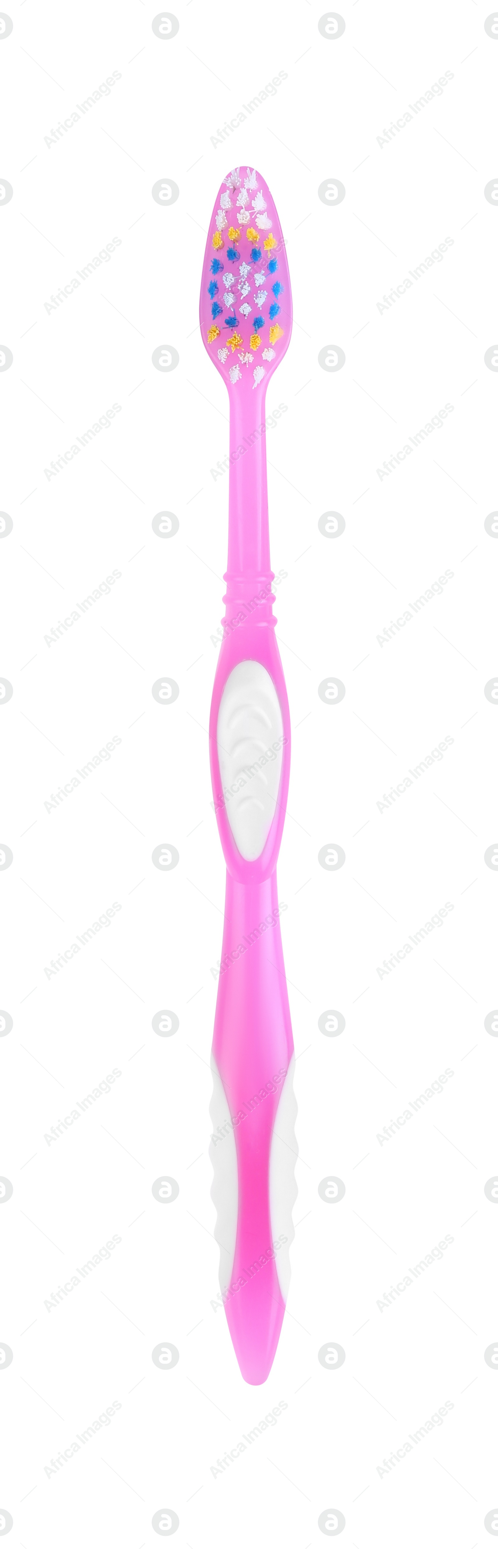 Photo of Pink plastic toothbrush isolated on white. Dental care