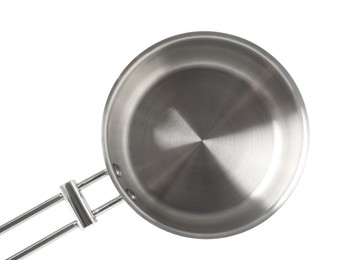 New shiny saucepan isolated on white, top view