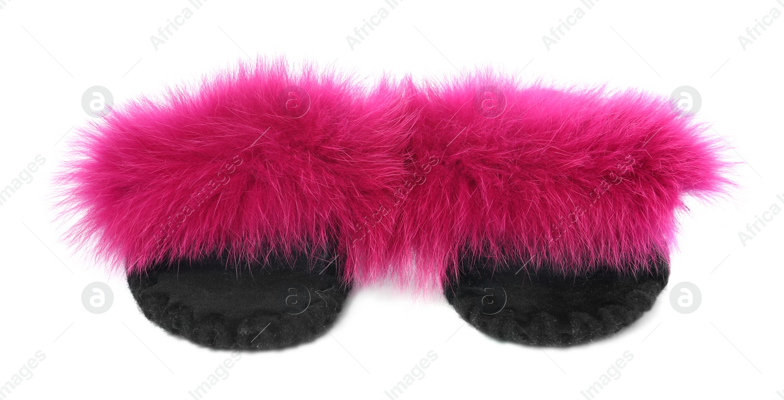 Photo of Pair of fluffy slippers isolated on white