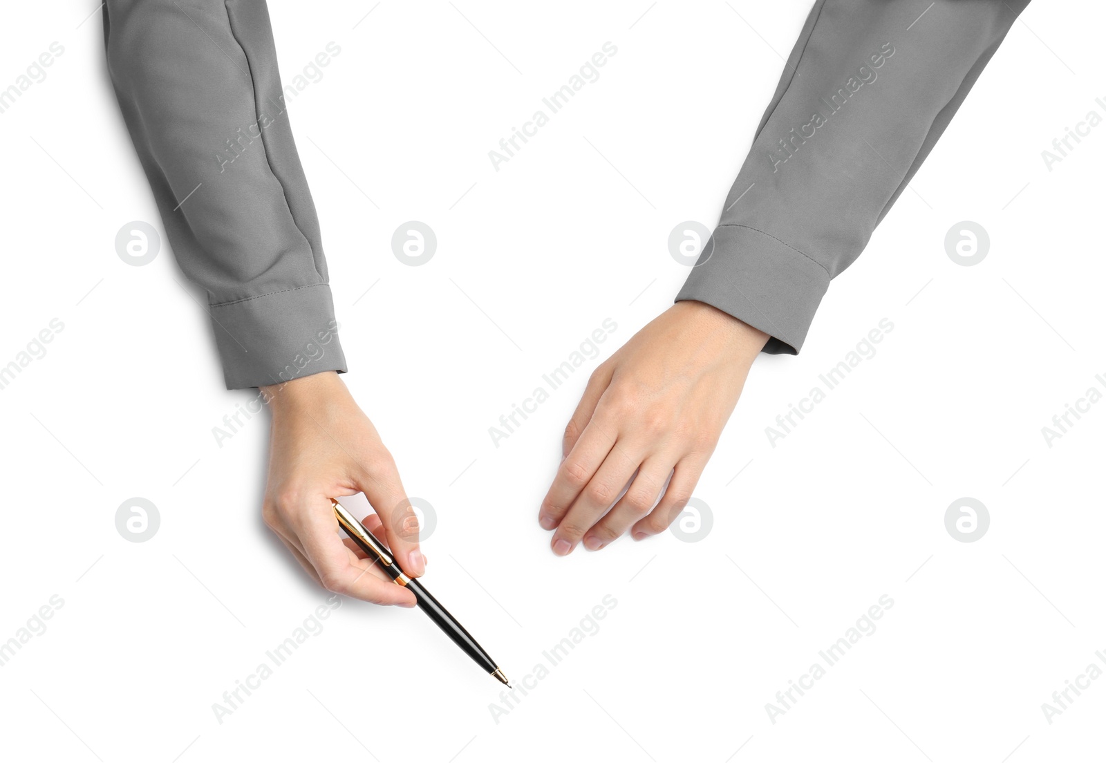 Photo of Woman with pen on white background, top view. Closeup of hands