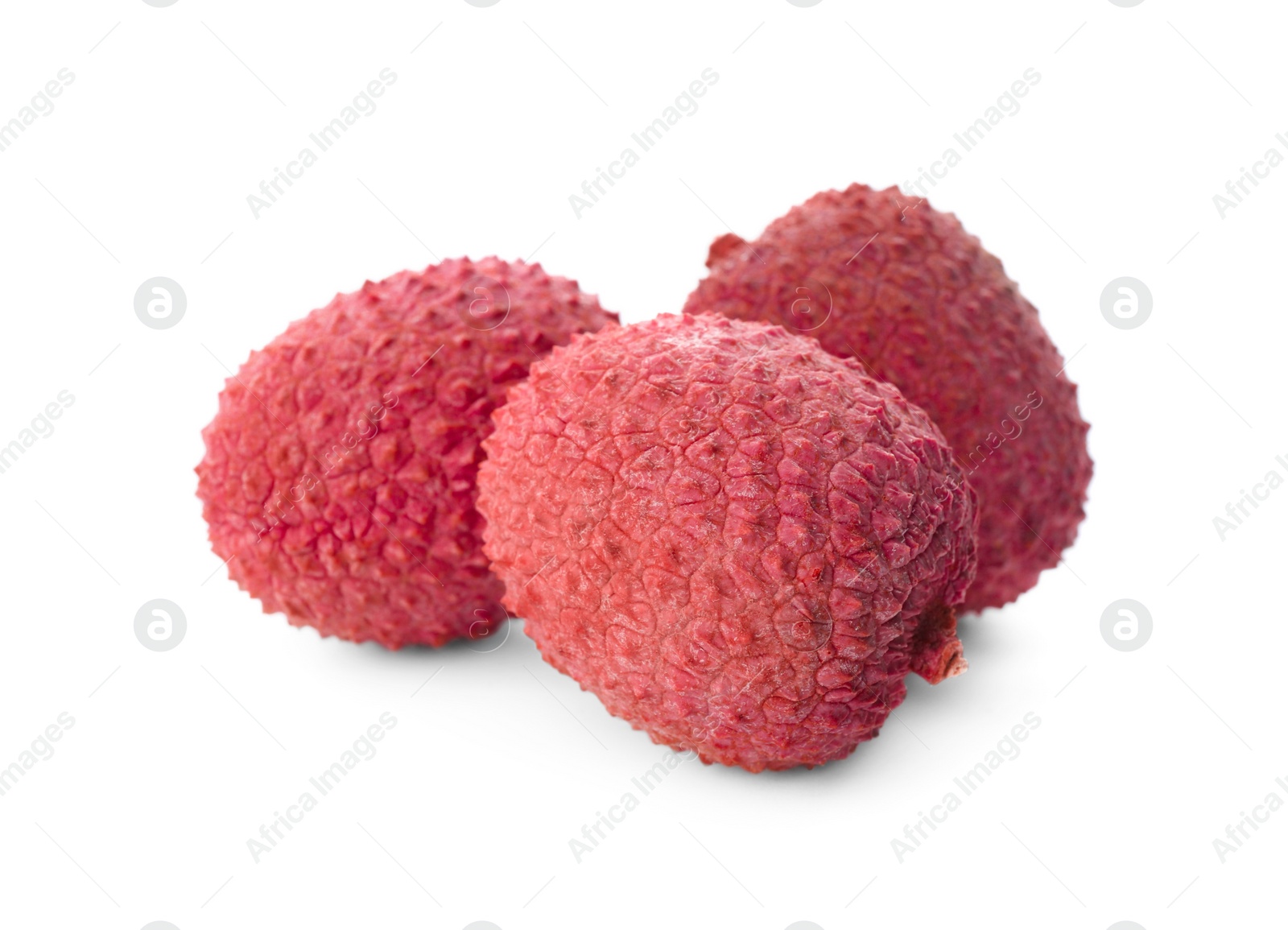 Photo of Fresh ripe lychees on white background, closeup. Exotic fruit