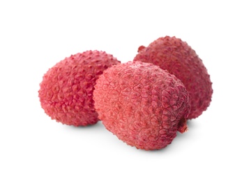 Photo of Fresh ripe lychees on white background, closeup. Exotic fruit