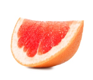 Photo of Slice of ripe juicy grapefruit on white background