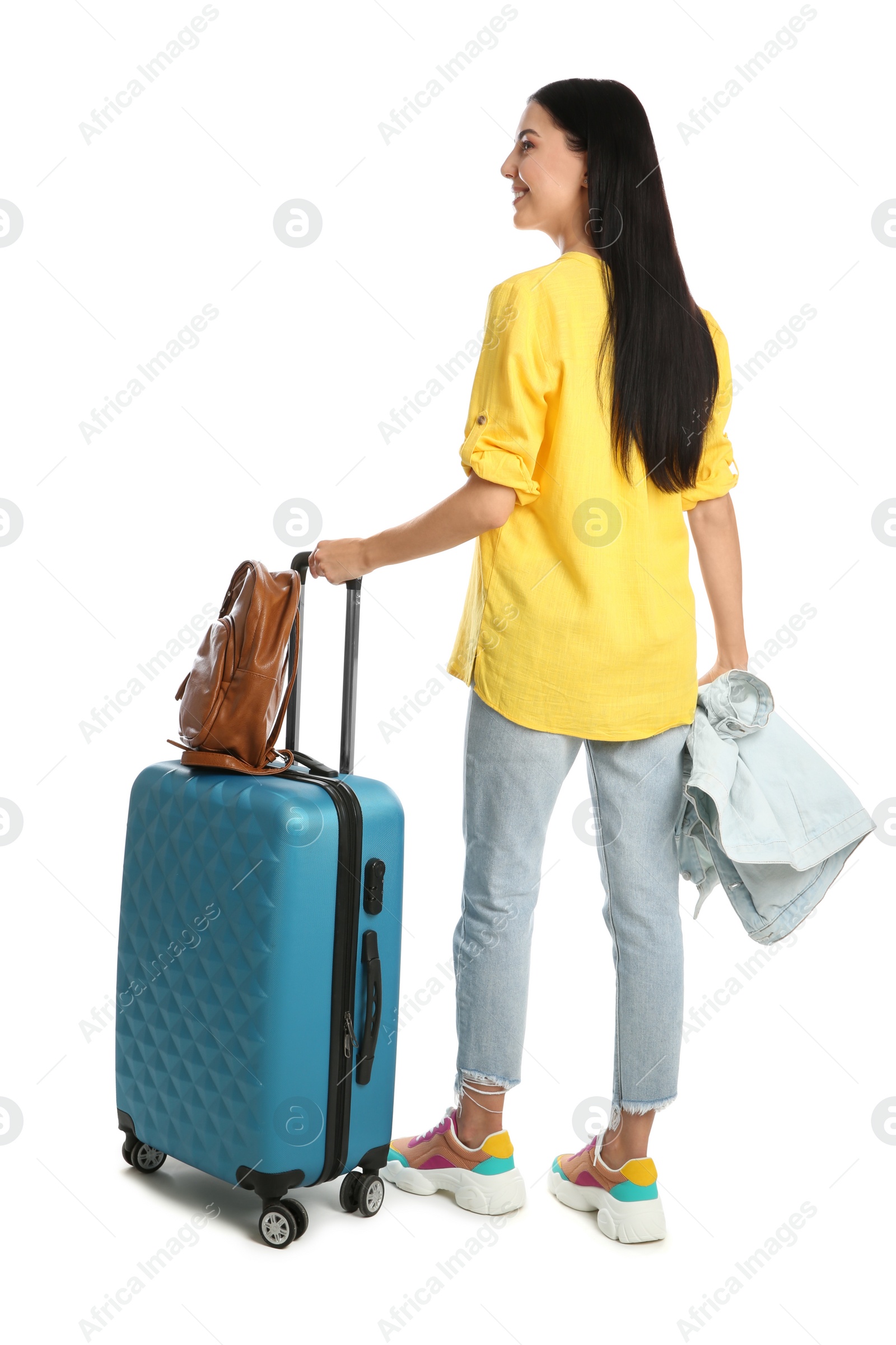Photo of Beautiful woman with suitcase for summer trip on white background, back view. Vacation travel