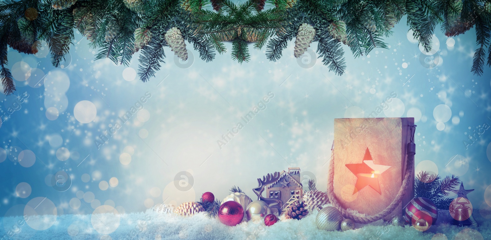 Image of Composition with wooden Christmas lantern on snow against color background, banner design. Bokeh effect