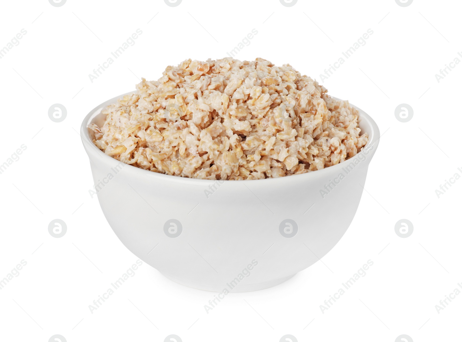 Photo of Tasty boiled oatmeal in bowl isolated on white