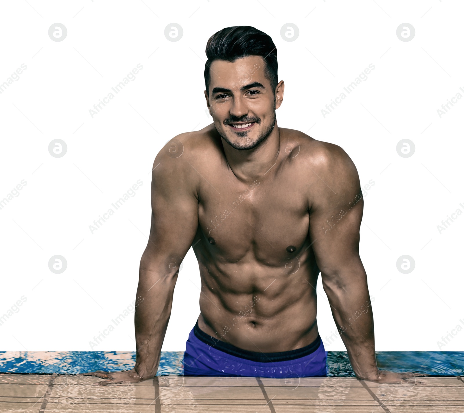 Image of Young athletic man in swimming pool against white background